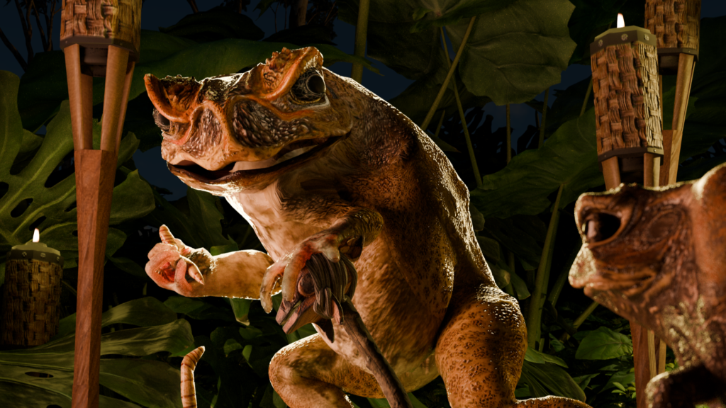 A shot from Curtis Curly-tail, an animated short film of a suspicious-looking cane toad, an invasive toad in the Bahamas.